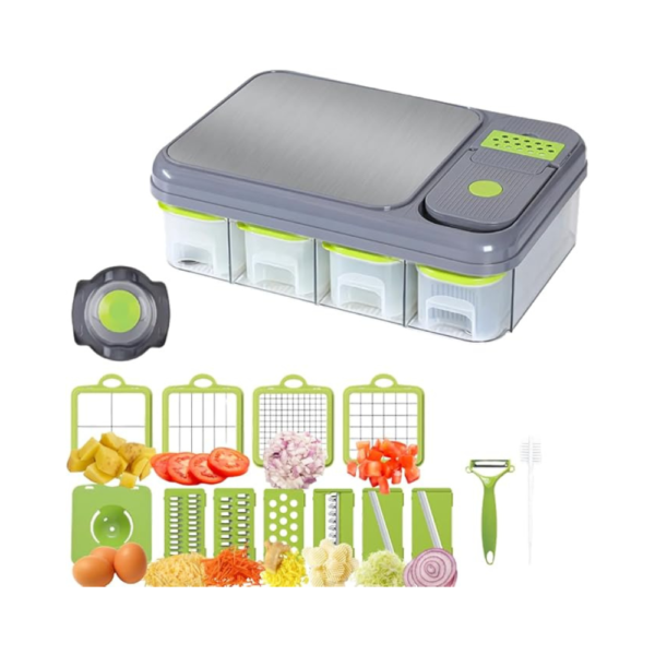 All-in-One Vegetable Chopper & Prep Station – 15-in-1 Multifunctional Food Chopper with Mandoline Slicer, Cheese Grater, Egg Separator, Built-In Cutting Board & Storage Container