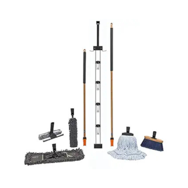SWOPT 7-Piece Ultimate Indoor Cleaning Kit – Dust Mop, Wet Mop, Broom, Duster, Squeegee, Wood Handles & Organizer – Interchangeable Handle System