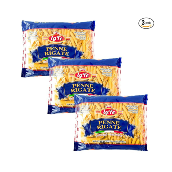 La Fe Penne Rigate Pasta – 3 Pack, 16oz Each – Unenriched Semolina Wheat – Sodium & Cholesterol Free – Authentic Italian-Style Tube Pasta