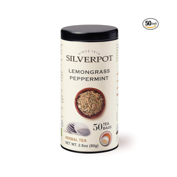 Silverpot Lemongrass & Peppermint – 50 Round Tea Bags | Cooling Citrus Mint Flavor | 100% Natural | Caffeine-Free Herbal Tea | Reusable Tin