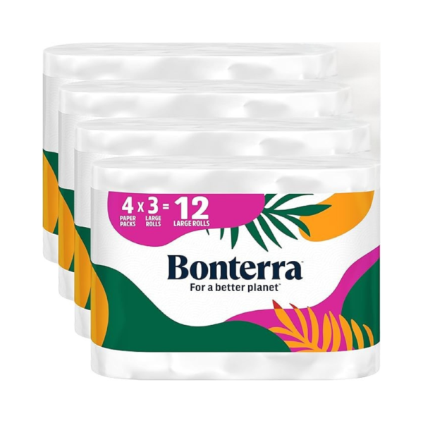 Bonterra Responsibly Sourced Paper Towels – 12 Large Rolls (4 Packs of 3) | FSC Certified, Plastic-Free, Carbon Neutral, Strong & Absorbent | 160 Choose-a-Size Sheets per Roll