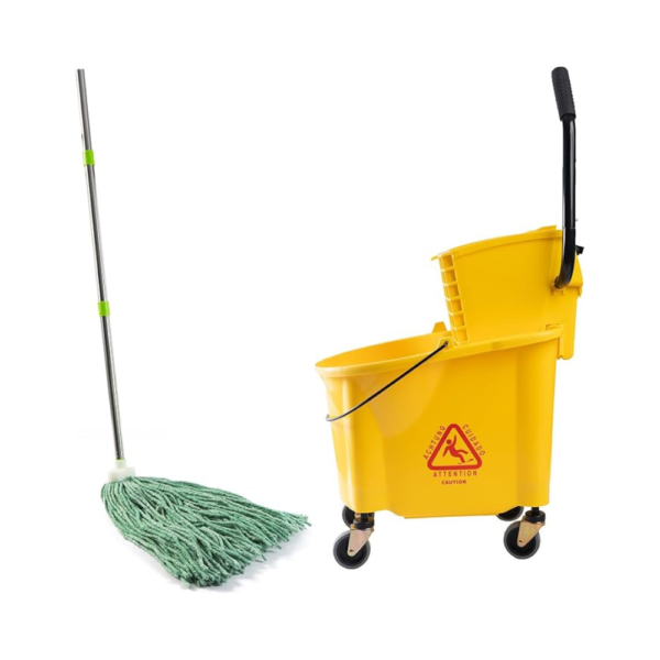 Matthew Cleaning 30-Quart Commercial Mop Bucket with Side Press Wringer & Wet Mop – Heavy-Duty WaveBrake Bucket on Wheels for Industrial, Restaurant, and Home Use