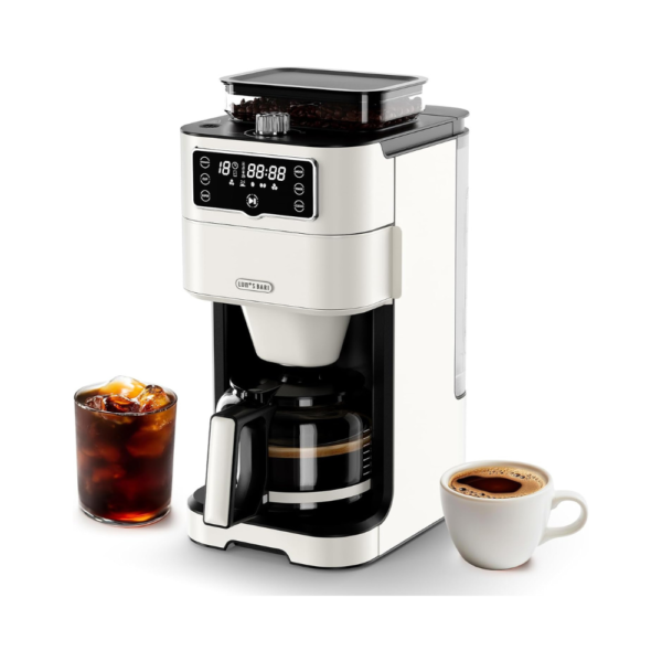 Drip Coffee Maker with Grinder, 10-Cup Coffee Machine with 24-Hour Delay Timer, Touch Screen, Self-Cleaning, Reusable Filter, 1.5L Removable Water Tank & Warming Plate White
