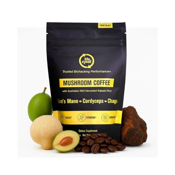 Lifecykel Mushroom Coffee – Arabica Blend with Lion’s Mane, Chaga Extract, Cordyceps & Kakadu Plum | Focus | Adaptogenic, Smooth & Jitter-Free | 106 mg