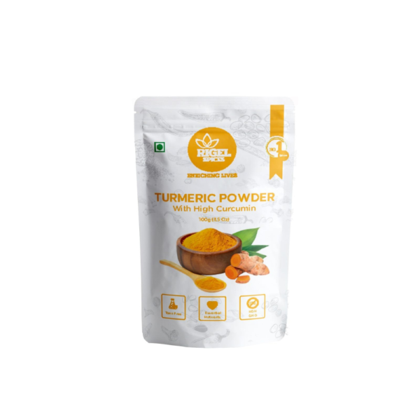 Rigel Spices High Curcumin Turmeric Powder | 5.3 to 5.8% Curcumin | 100g | GI Tagged from Erode