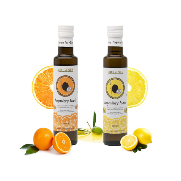Pack of 2 Extra Virgin Flavored Olive Oil Lemon Infused & Orange Infused EVOO, Cold Pressed, Polyphenol Rich, From Laconia – 2 x 250ml