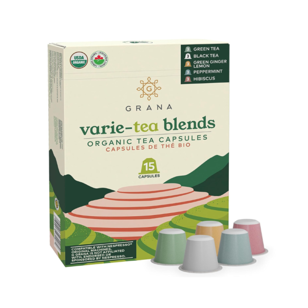 G GRANA Organic Tea Pods – Compatible with Nespresso OriginalLine, 15 Count Variety Pack (Green Tea, Black Tea, Green Ginger Lemon, Peppermint, Hibiscus) – Compostable & USDA Certified Organic