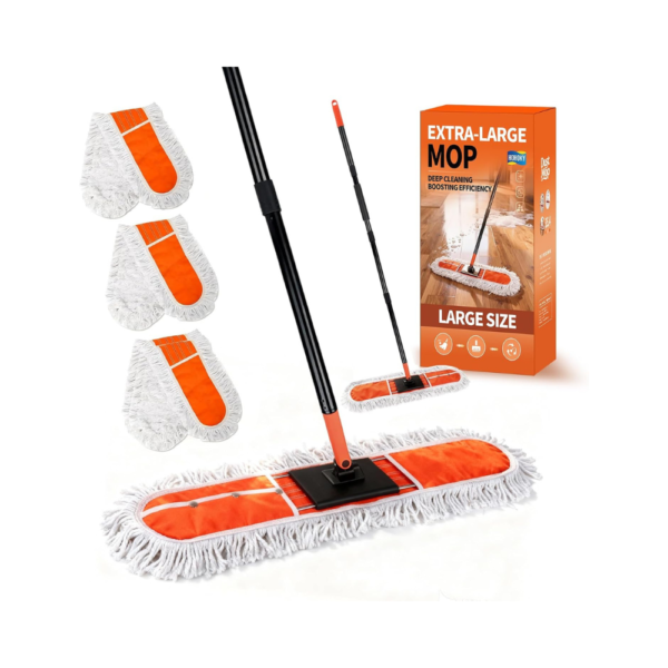 36” Large Commercial Dust Mop with Telescopic Handle – Heavy Duty Industrial Floor Cleaning Mop for Hardwood, Tile, Marble, Concrete & Garage – Includes 3 Microfiber Pads
